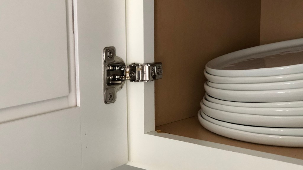 white cabinet with plates and silver hinges on door