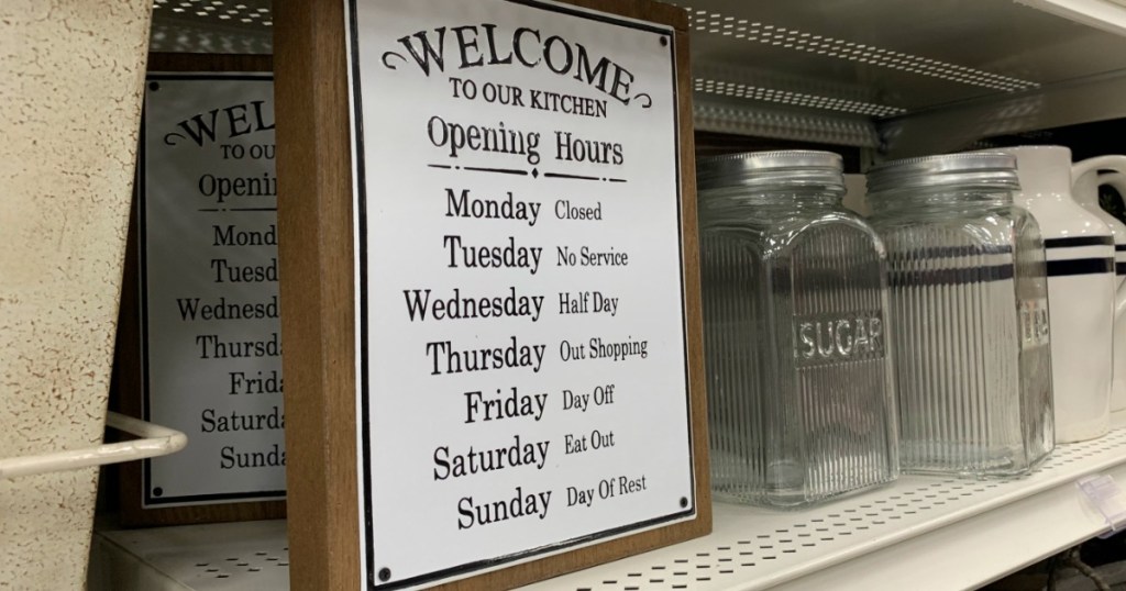 Welcome to Our Kitchen home sign on shelf at Michaels