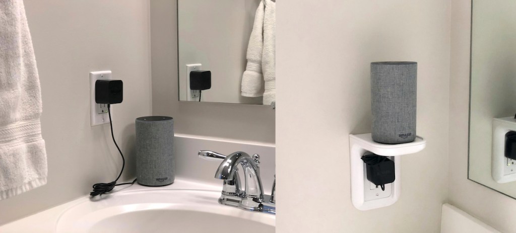 before and after with Amazon Alexa on white outlet shelf