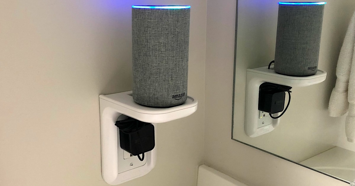 outlet shelf with Amazon Alexa sitting on top