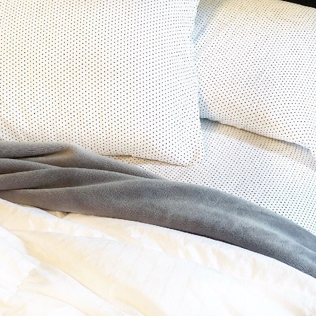 bed made with polka dot sheets and polka dot pillowcases 