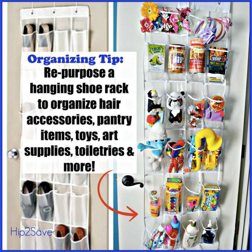 sharing organizing tip and showing what to put in over the door shoe organizers 