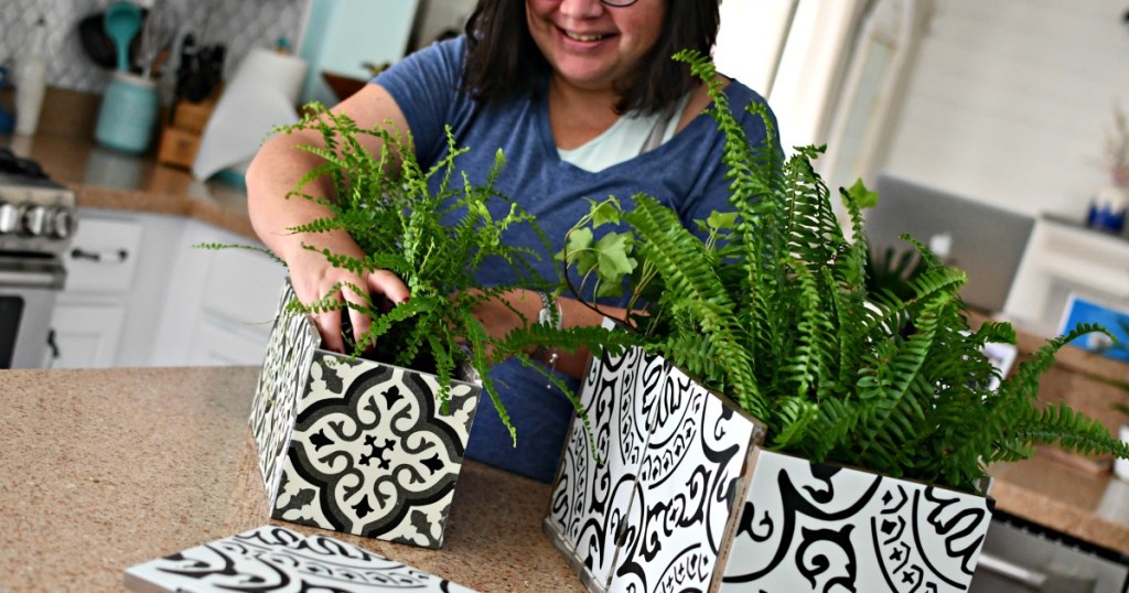 Lina making diy planters from ceramic tiles 