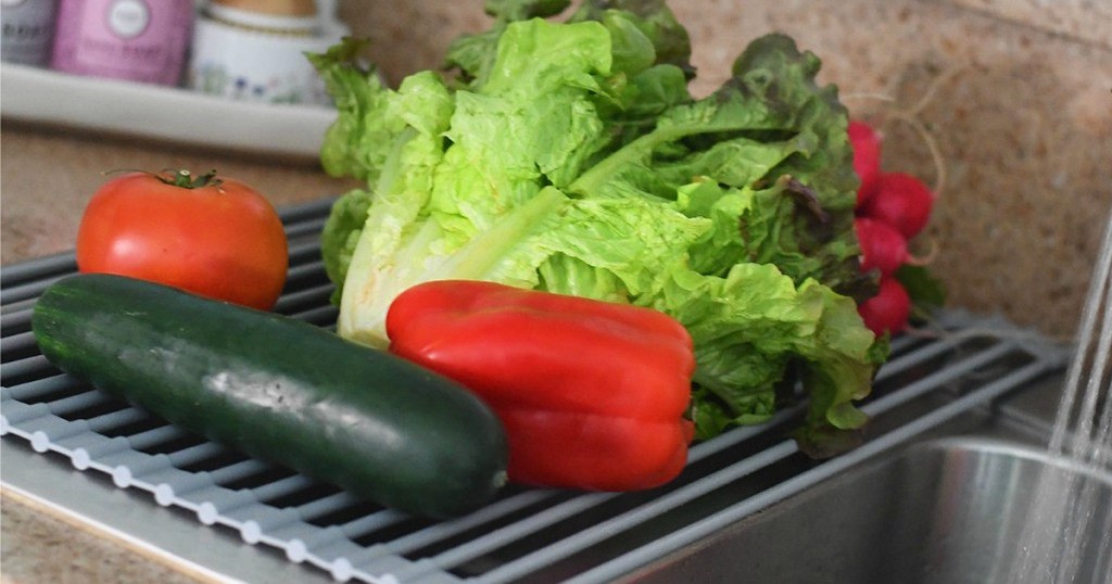 drying rack over sink with veggies on it