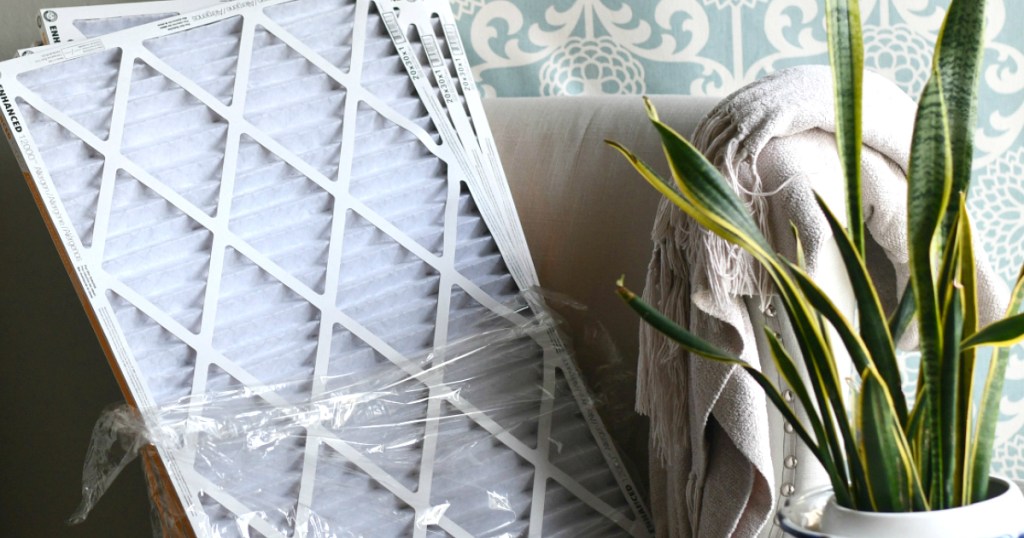 air filters sitting on chair by plant