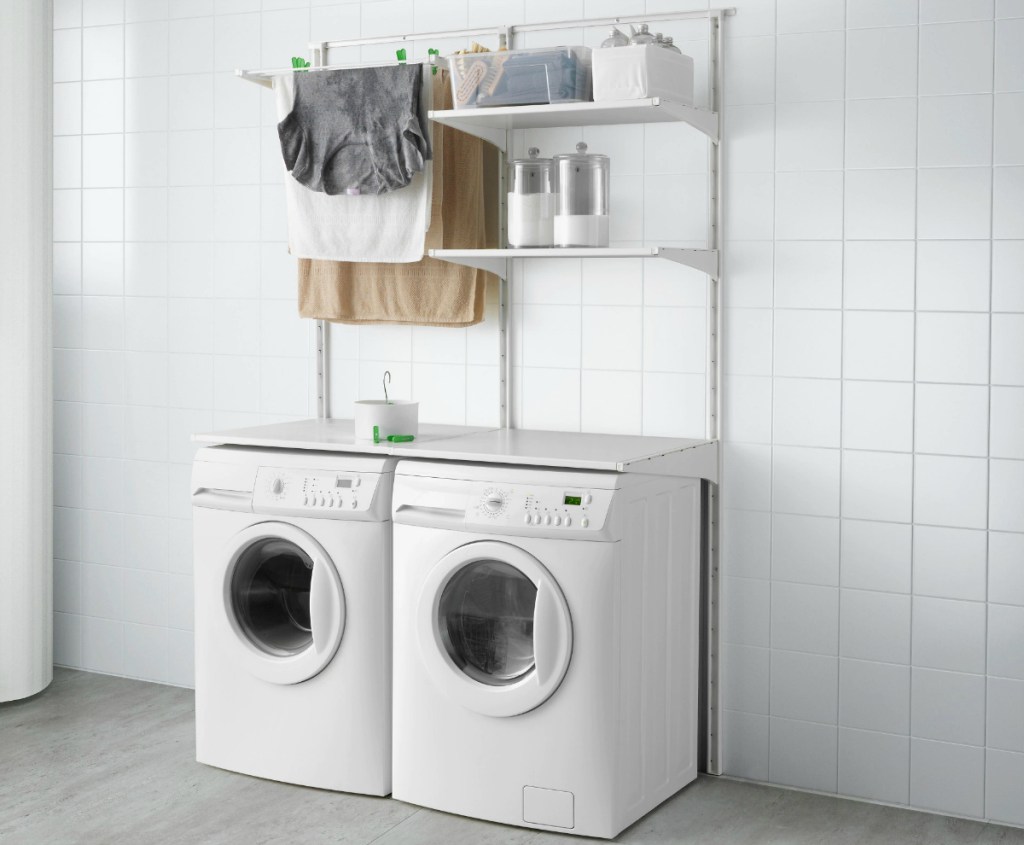washer and dryer with wall shelving