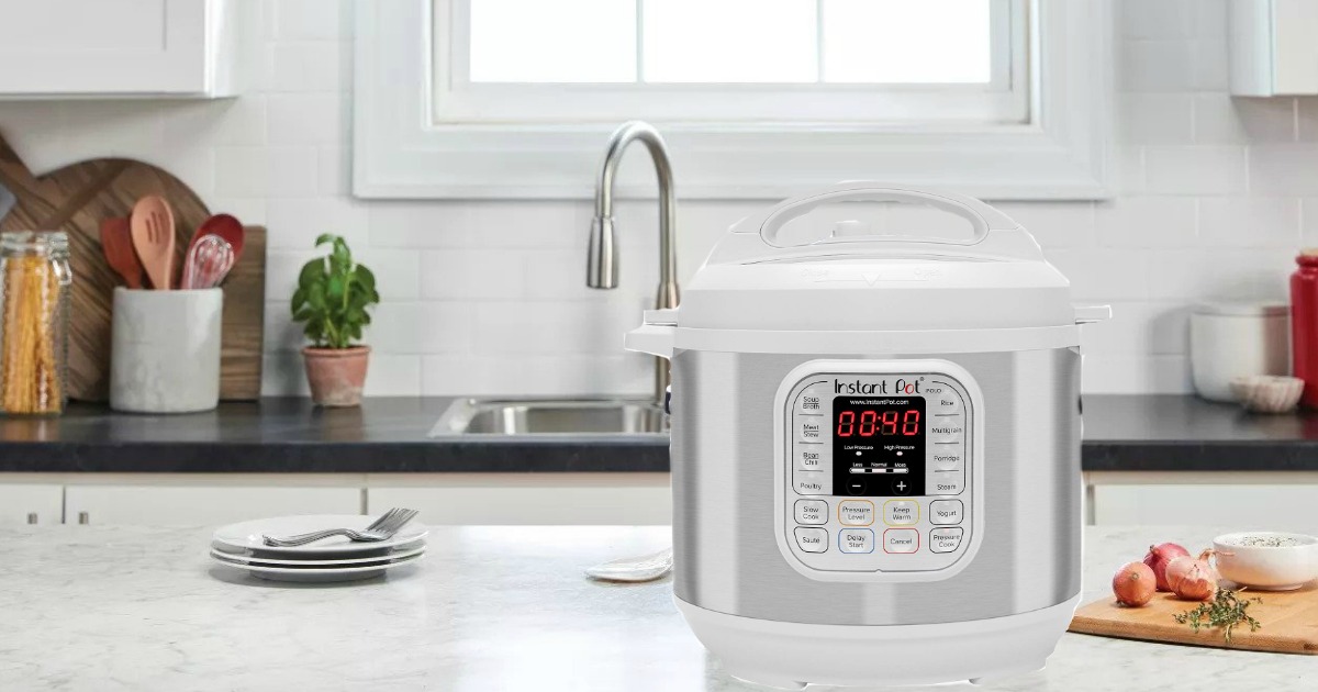 white instant pot duo in kitchen