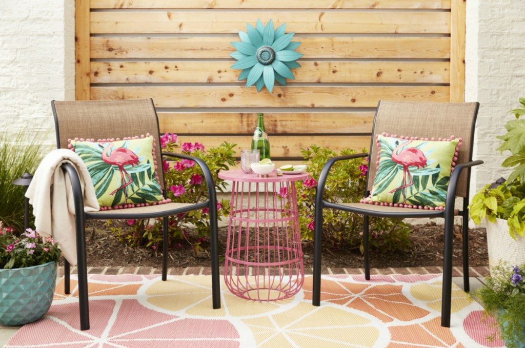 patio with Pink Wire Plant Stand