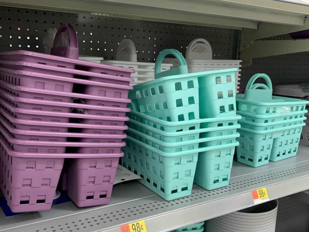 Shower caddies in trendy colors on store shelf