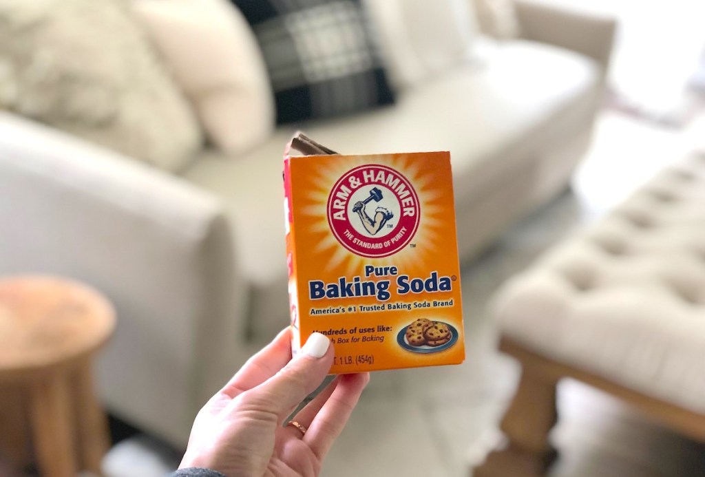 hand holding baking soda in front of couch living room