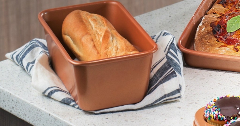 fresh baked bread in non-stick loaf pan 