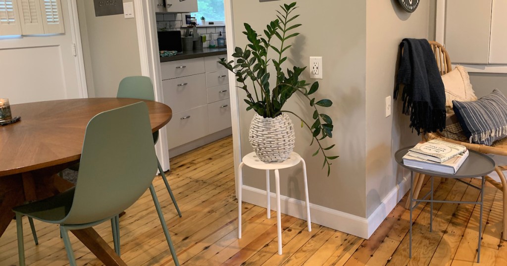 white stool with plant and dining room table