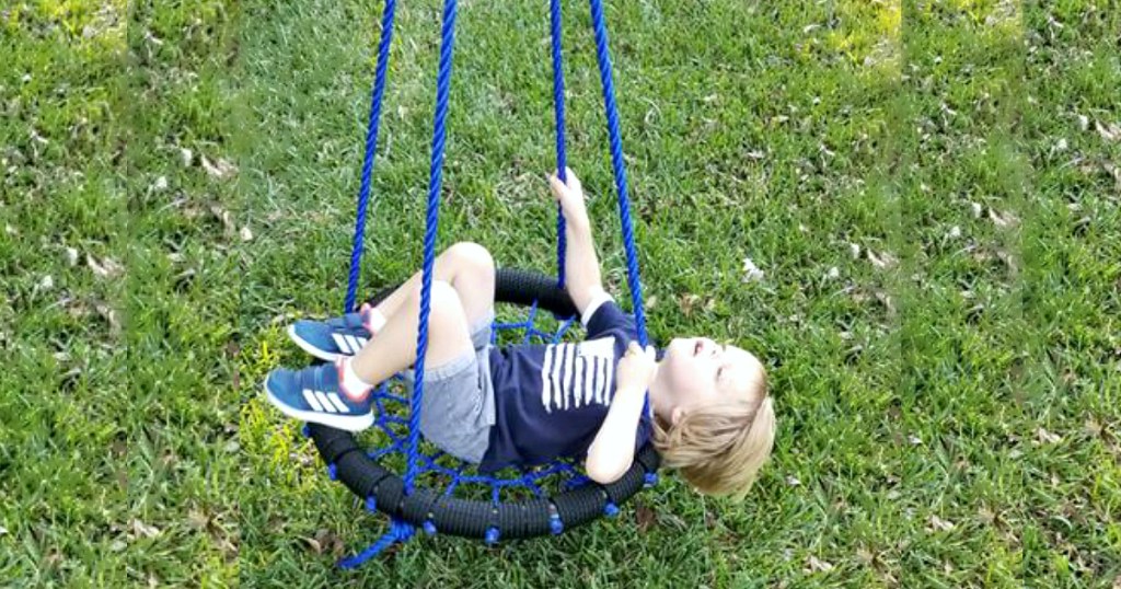 kid in blue black tree swing