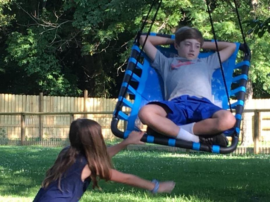 pushing boy on large tree swing