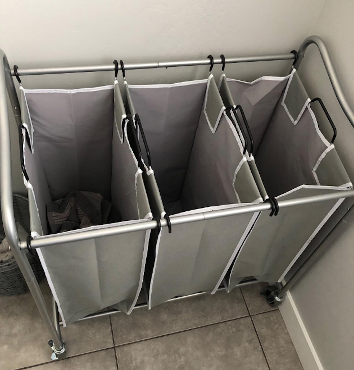 gray three basket laundry sorter