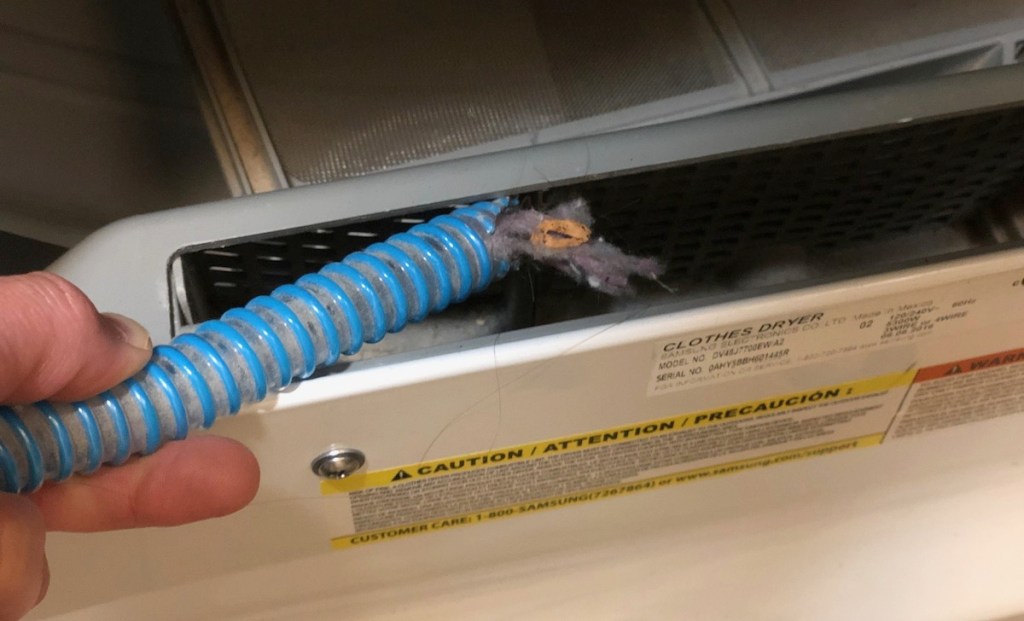 blue hose with lint and hair inside of dryer vent