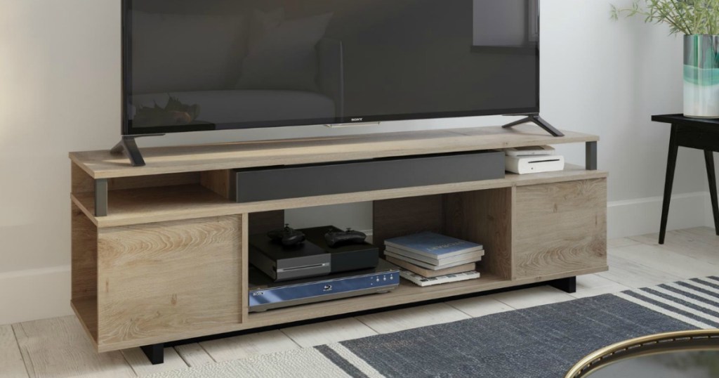 modern oak TV stand in living room 