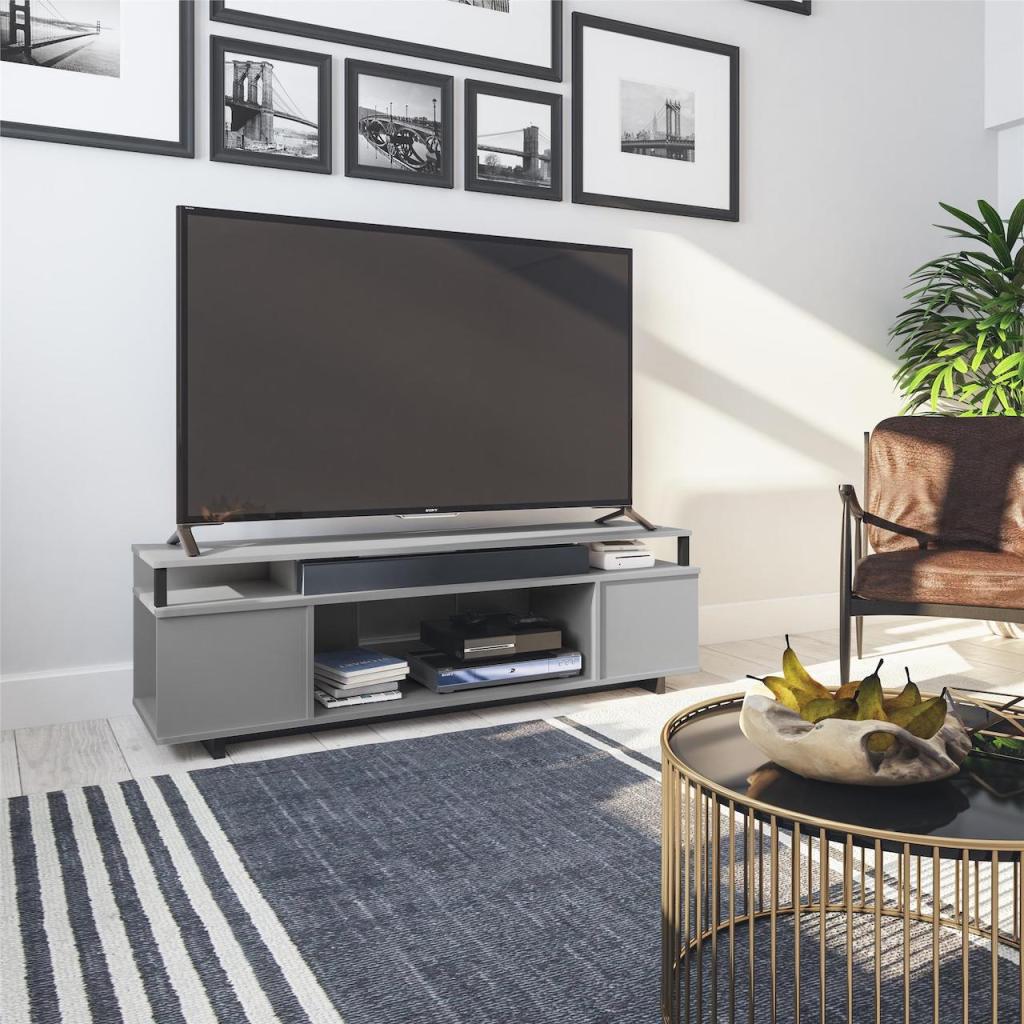 modern grey TV stand in living room 