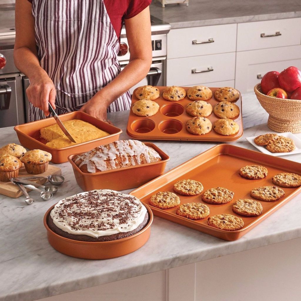 non-stick copper bakeware with muffins, cakes and cookies 