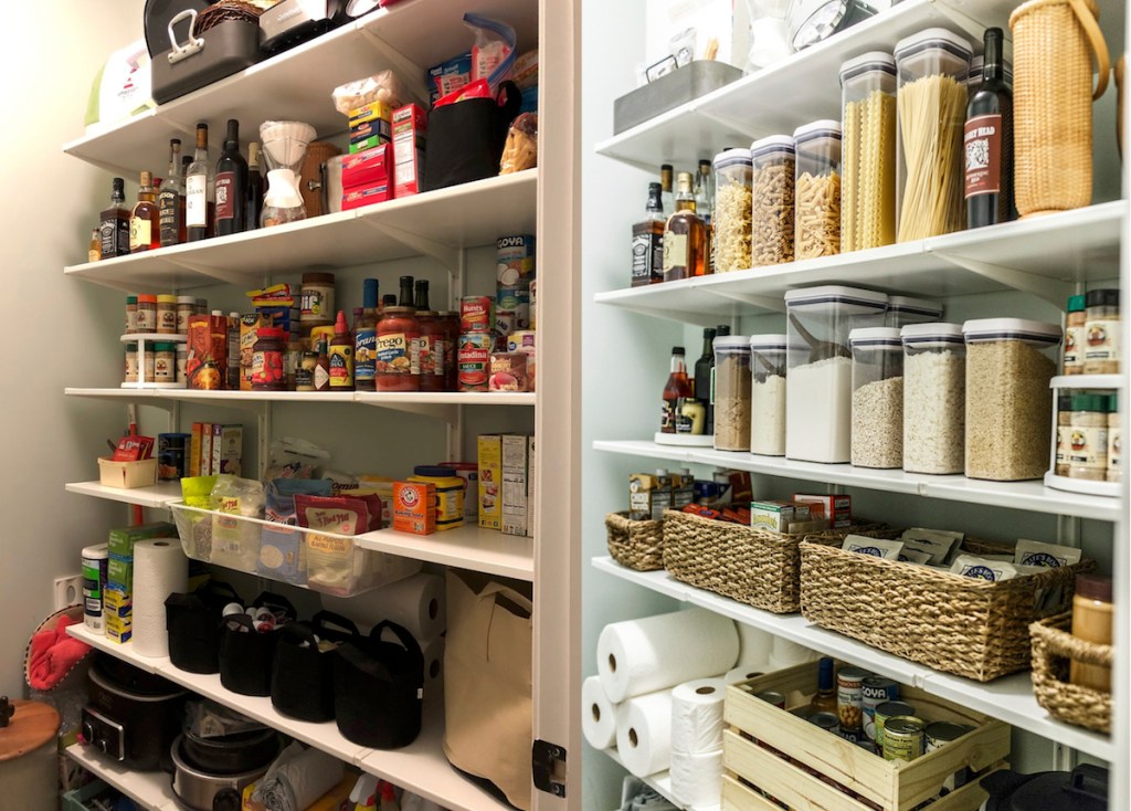before and after of dirty and clean organized pantry