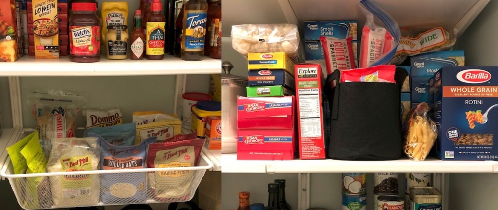 pantry before with various dry foods and pasta boxes