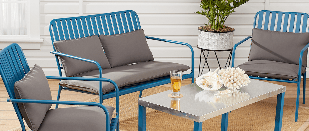 modern patio set with blue metal chairs and love seat 