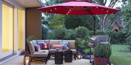 Get 50% Off This Auto-Tilt Patio Umbrella w/ LED Lights, Frame & Base From Lowe’s