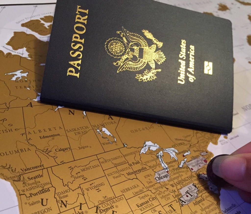 scratch off world map with passport