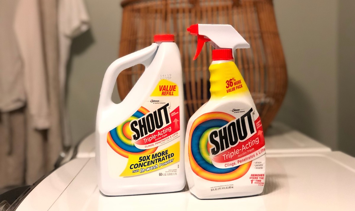 shout bottles of stain remover in laundry room