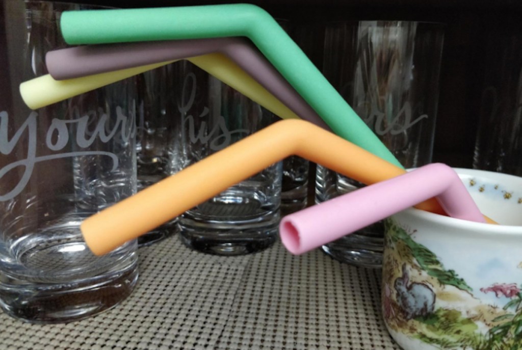 colorful silicone straws in rabbit mug