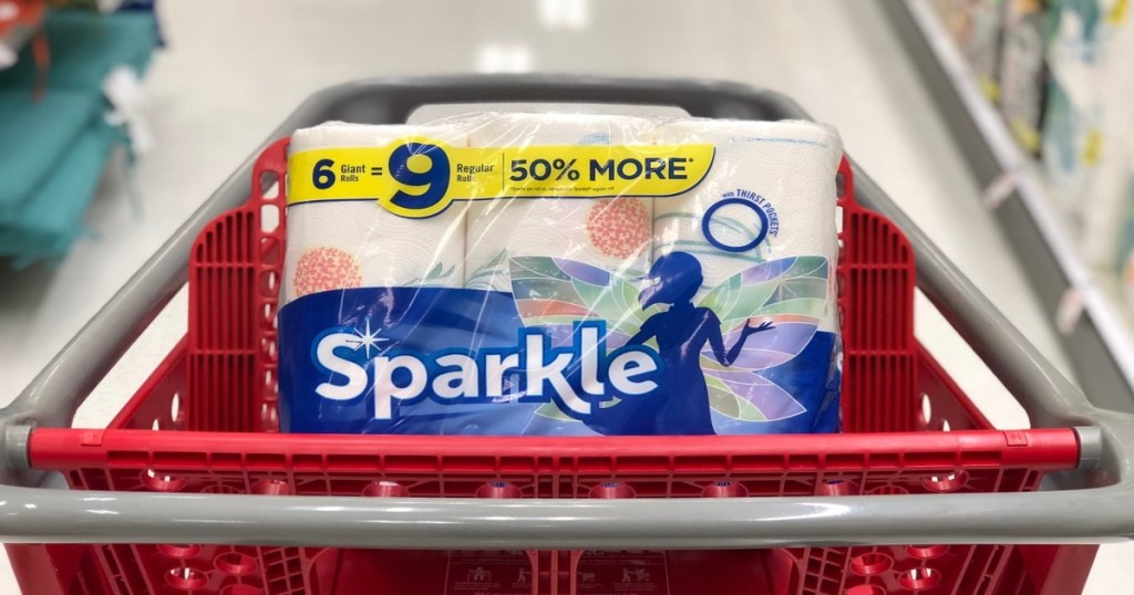 Sparkle 6 giant rolls paper towels in a red cart in store