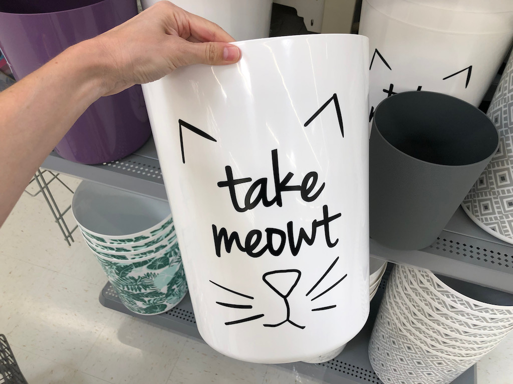 holding up funny cat trash bin at Walmart