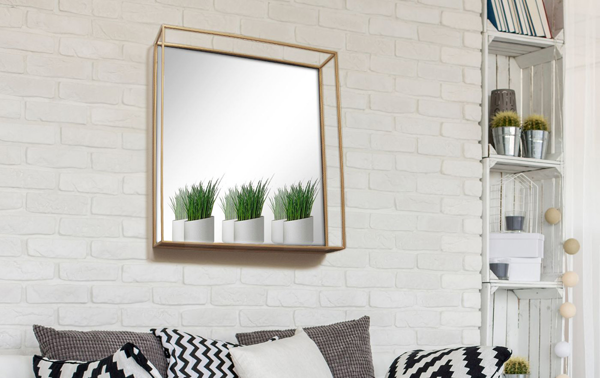 project 62 brass square shelf mirror in living room