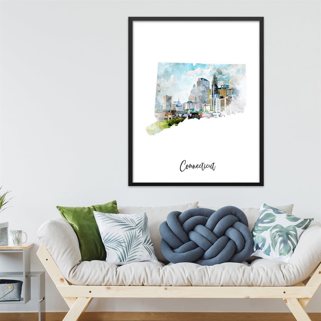 Watercolor map canvas print of connecticut over couch
