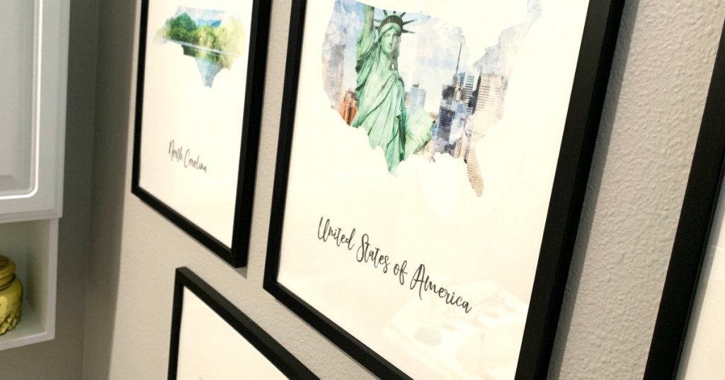 watercolor map print of United States framed on wall 