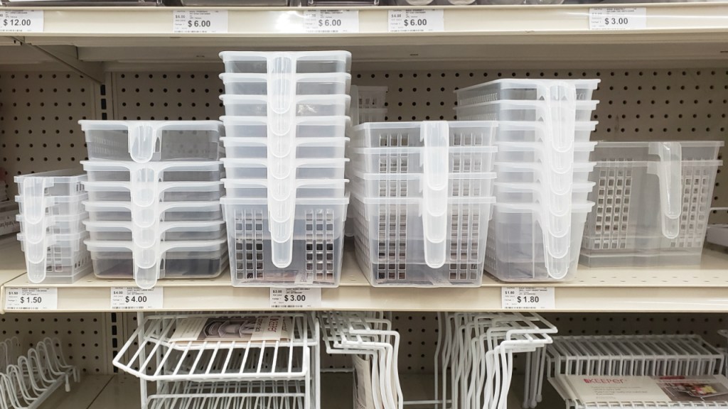 clear baskets on shelf