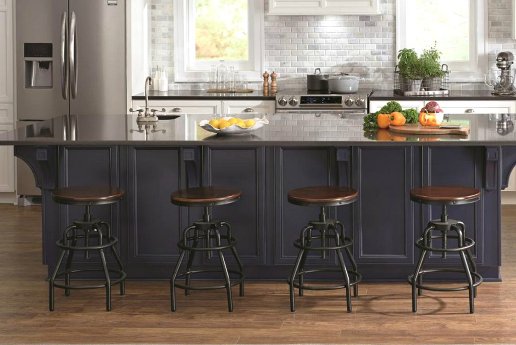 kitchen with industrial bar stools