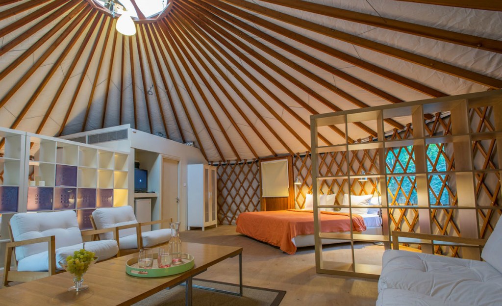 inside large yurt in Greece