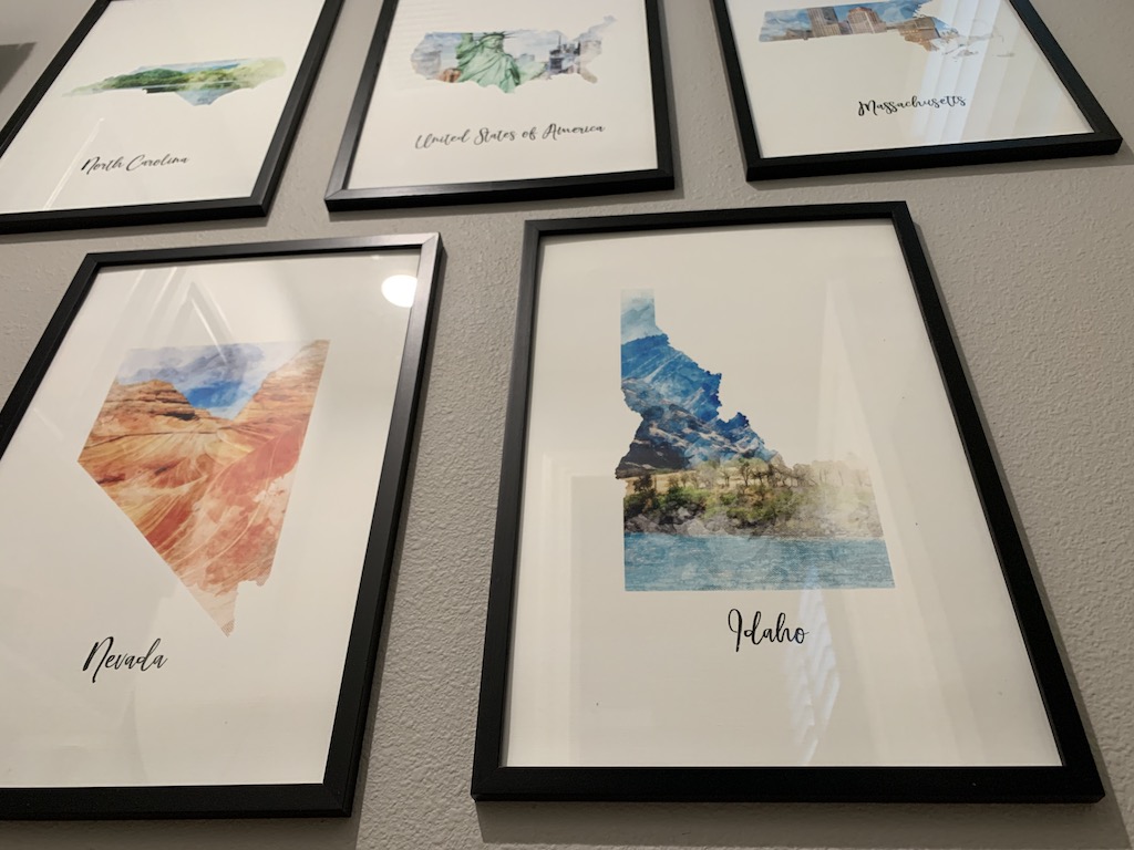 watercolor map print framed gallery wall 