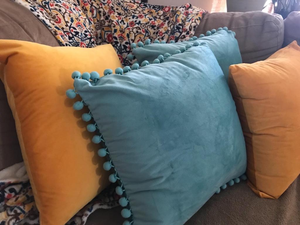 vevlet pillows on couch 